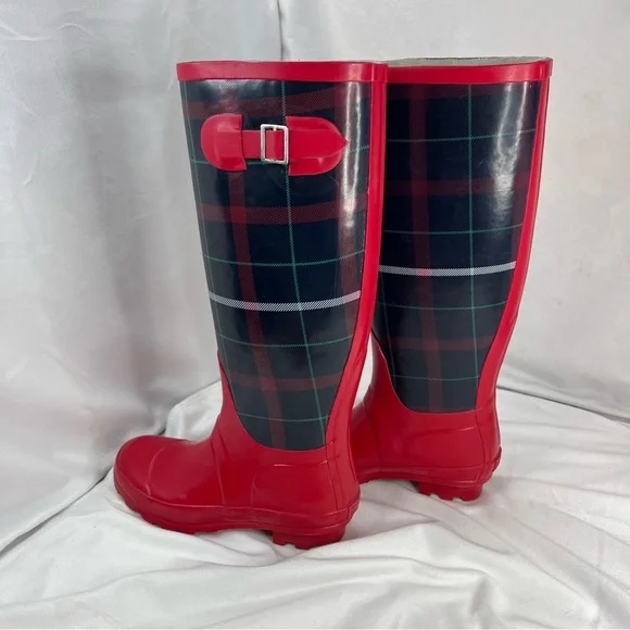TALBOTS Women's Red Plaid Mid-Calf Rain Boots Size 6 Waterproof - Picture 4 of 9